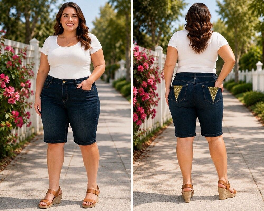 Wah Jeans Women’s 20W Dark Wash Denim Bermuda Shorts Gold Rhinestone Pockets XL
